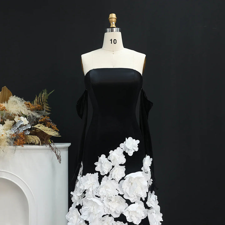 Chic 3D Flowers Black Velvet Mermaid Evening Dresses with Gloves SS748