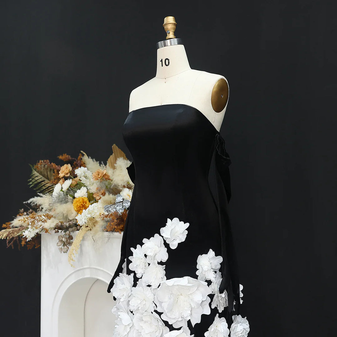 Chic 3D Flowers Black Velvet Mermaid Evening Dresses with Gloves SS748