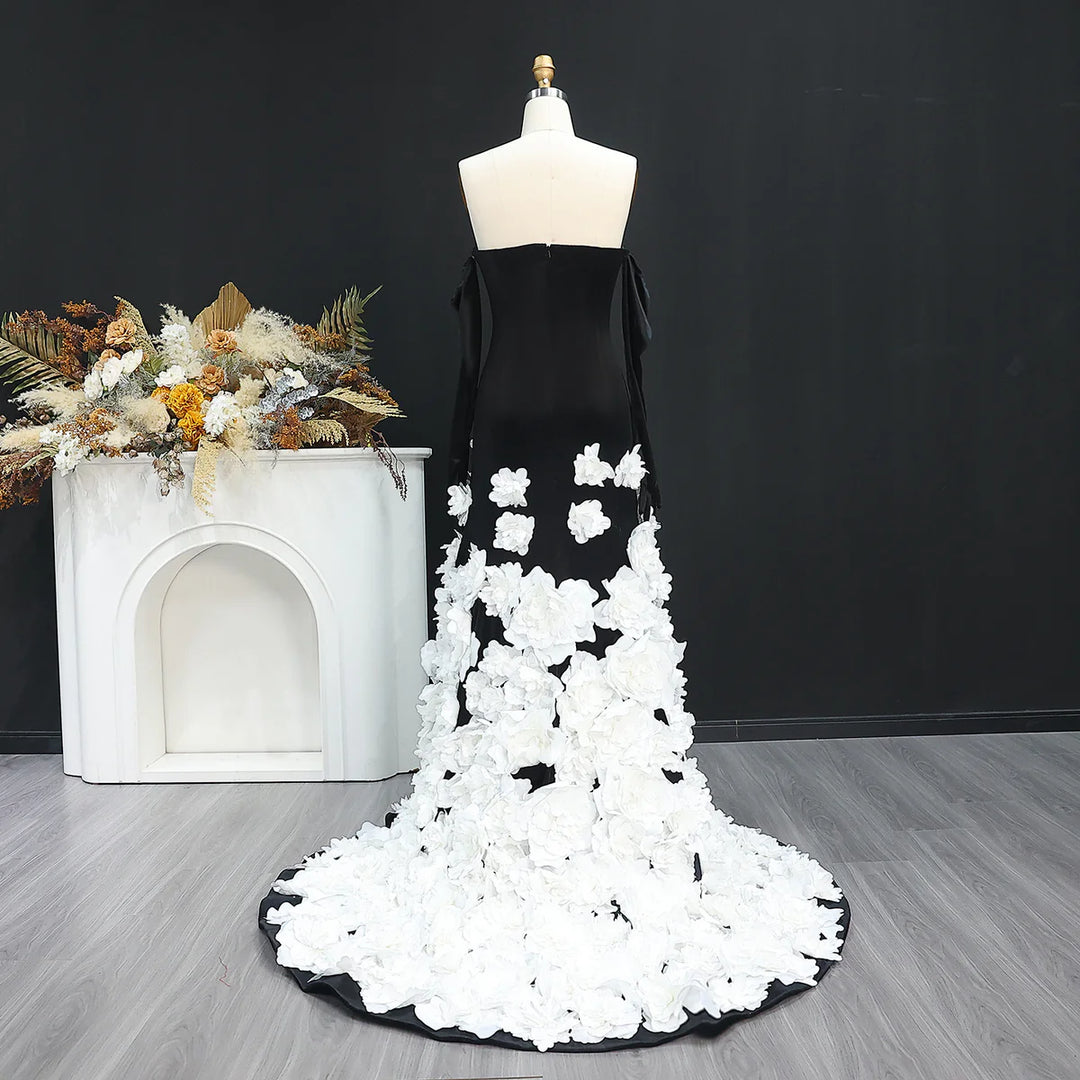 Chic 3D Flowers Black Velvet Mermaid Evening Dresses With Gloves SS748 With Veil / 2 Chic 3D Flowers Black Velvet Mermaid Evening Dresses With Gloves SS748 With Veil / 2