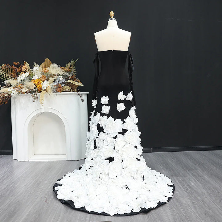 Chic 3D Flowers Black Velvet Mermaid Evening Dresses with Gloves SS748