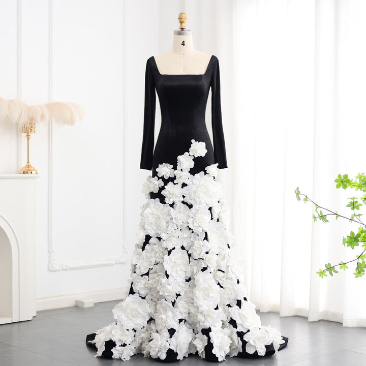 Chic 3D Flowers Black Velvet Mermaid Evening Dresses with Gloves SS748