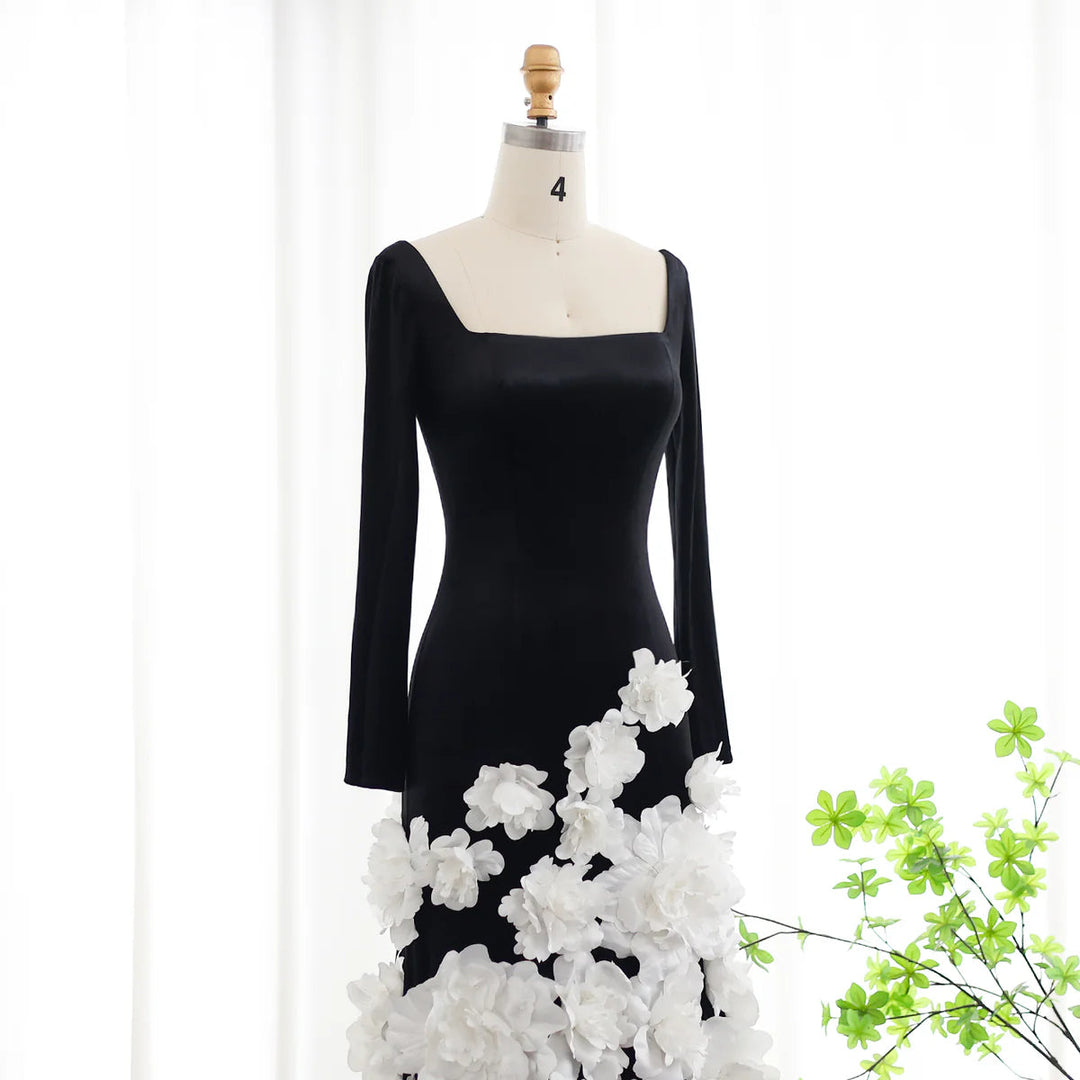 Chic 3D Flowers Black Velvet Mermaid Evening Dresses with Gloves SS748