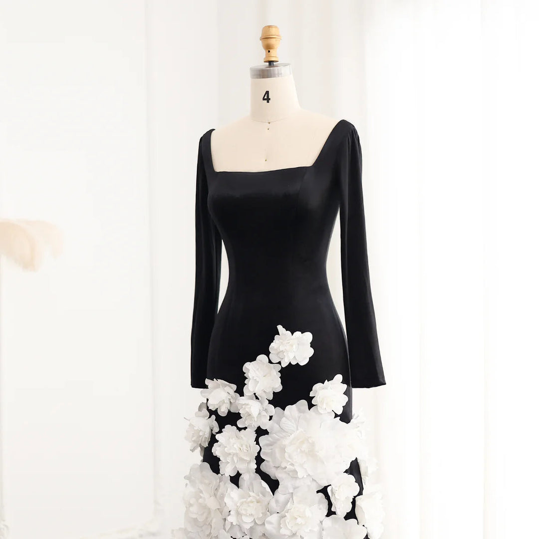 Chic 3D Flowers Black Velvet Mermaid Evening Dresses With Gloves SS748 With Veil / 2 Chic 3D Flowers Black Velvet Mermaid Evening Dresses With Gloves SS748 With Veil / 2