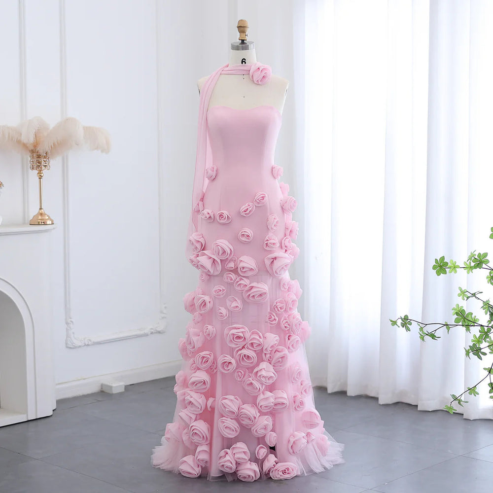 Chic Baby Pink 3D Flowers Mermaid Evening Dress 2025 SS207