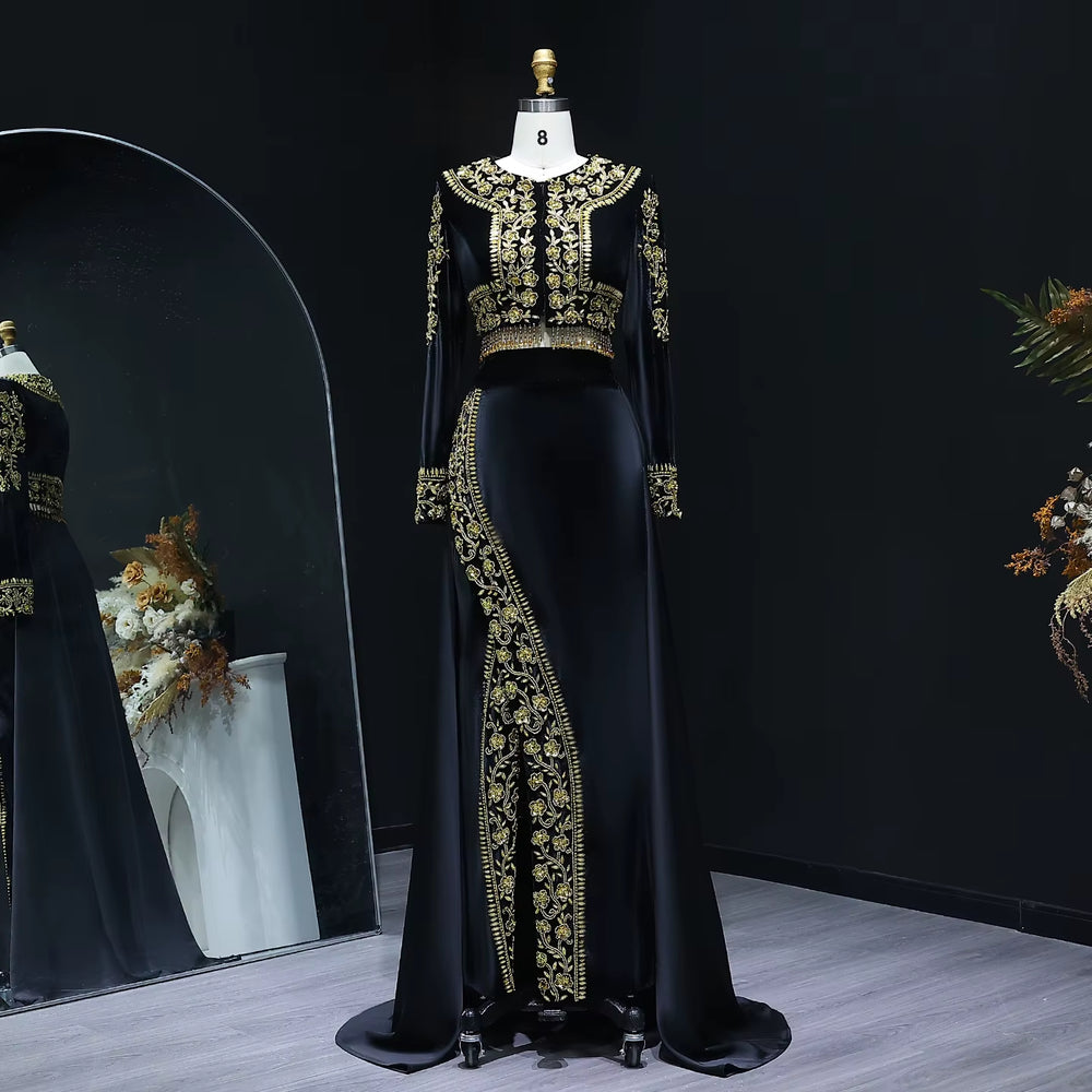 Chic Black Beaded Two Piece Evening Dress with Side Slit SS458-DreamyVow