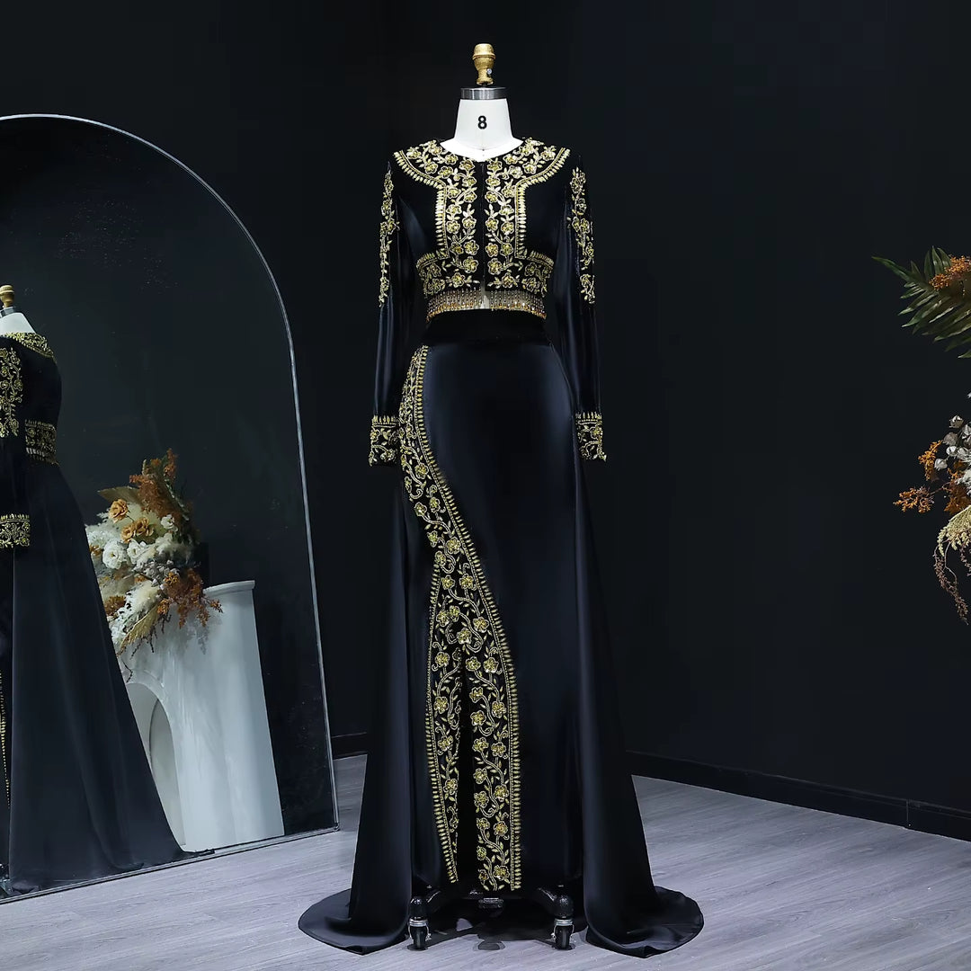 Chic Black Beaded Two Piece Evening Dress with Side Slit SS458-DreamyVow