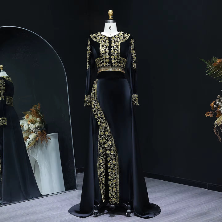 Chic Black Beaded Two Piece Evening Dress with Side Slit SS458-DreamyVow