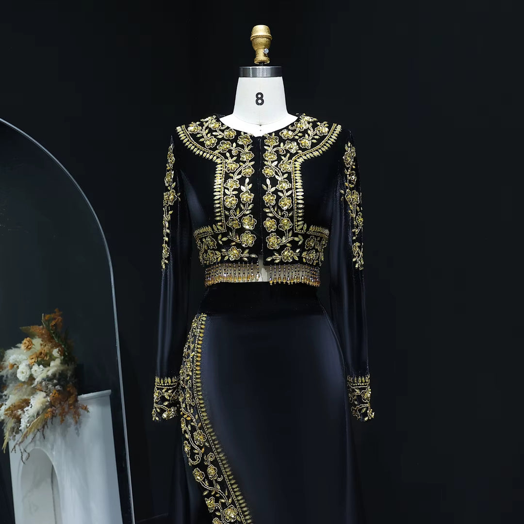 Chic Black Beaded Two Piece Evening Dress with Side Slit SS458-DreamyVow