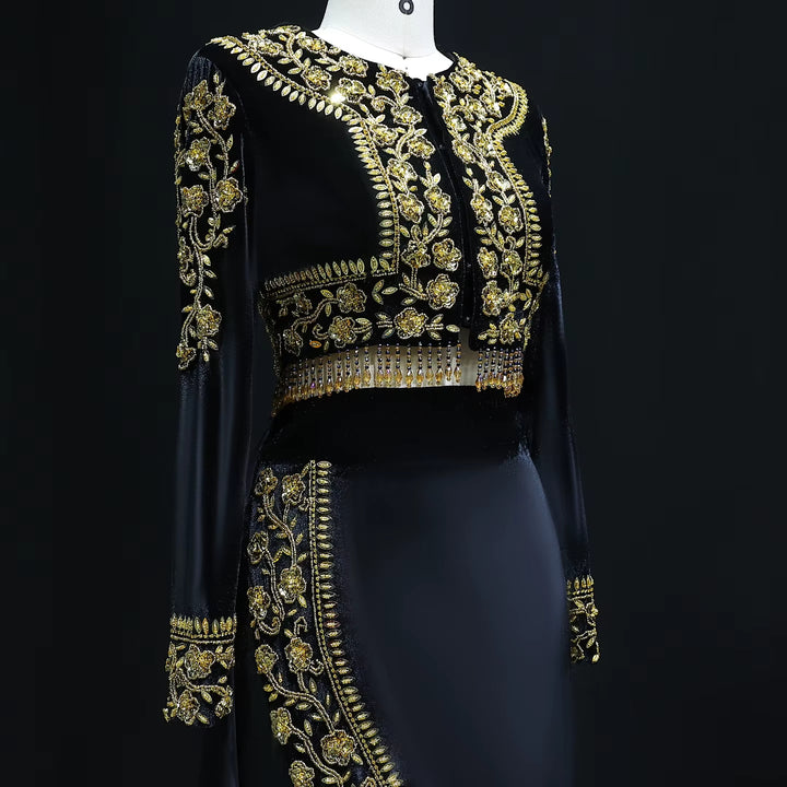 Chic Black Beaded Two Piece Evening Dress with Side Slit SS458-DreamyVow