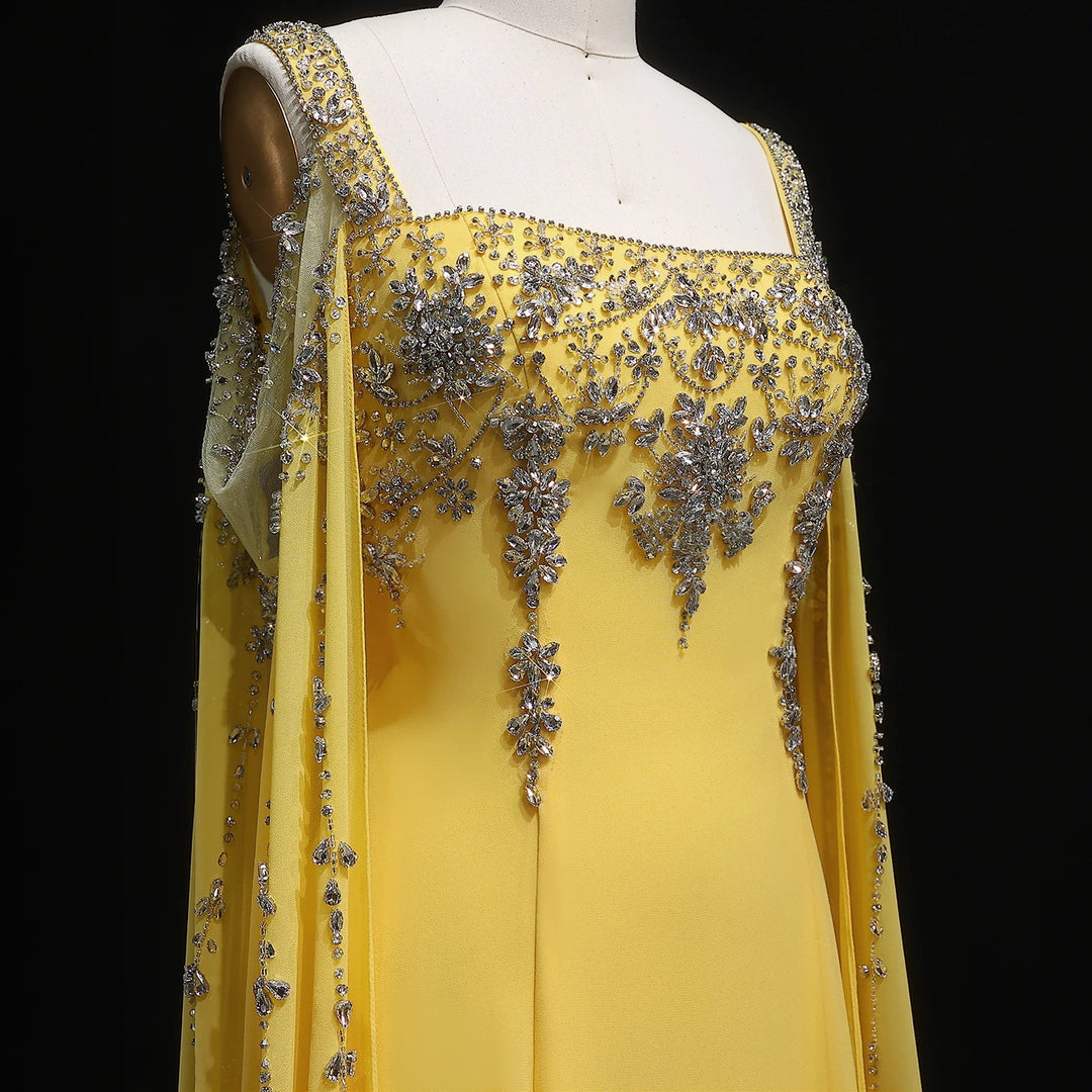 Chic Blue Luxury Crystal Arabic Gown with Flowing Cape Sleeve SS305