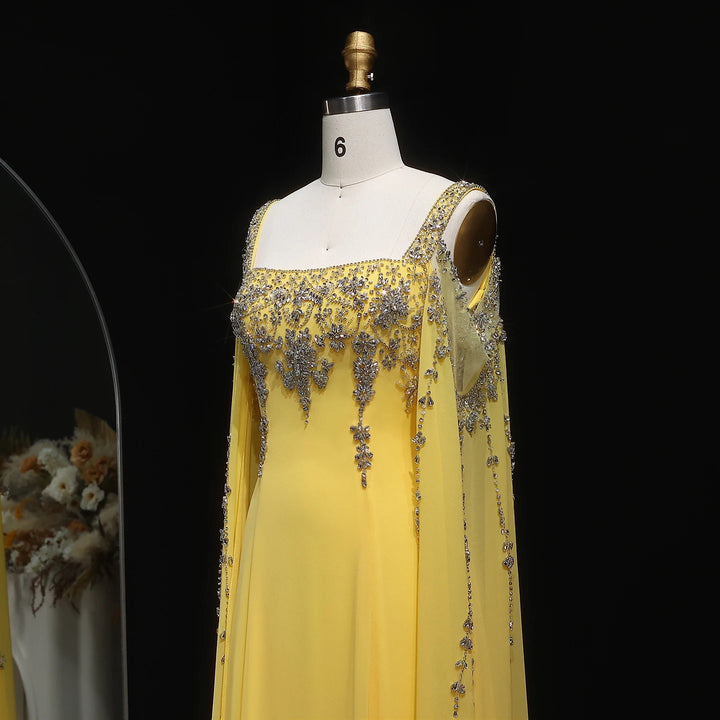 Chic Blue Luxury Crystal Arabic Gown with Flowing Cape Sleeve SS305