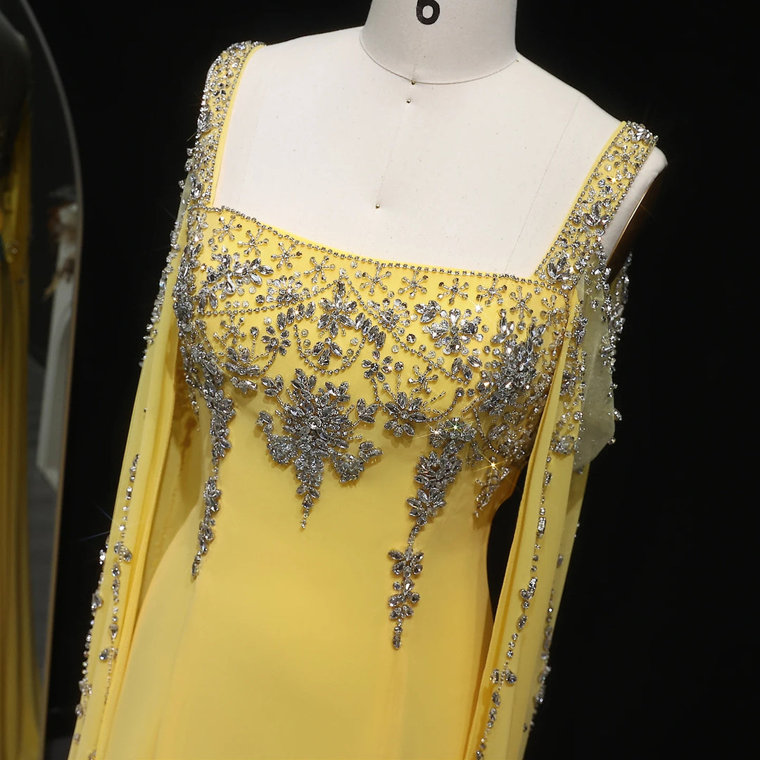 Chic Blue Luxury Crystal Arabic Gown with Flowing Cape Sleeve SS305