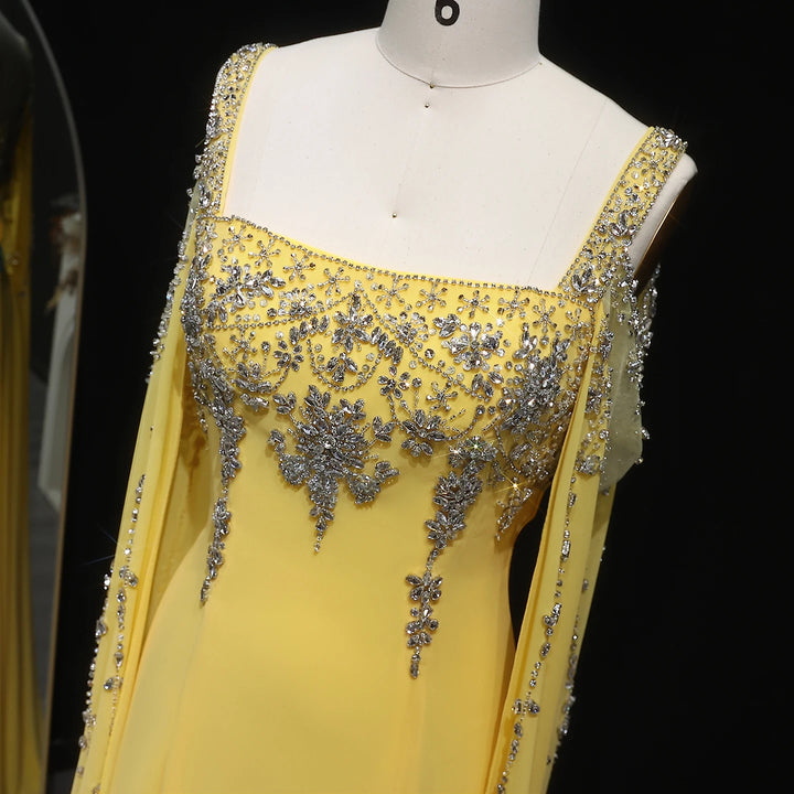 Chic Blue Luxury Crystal Arabic Gown with Flowing Cape Sleeve SS305