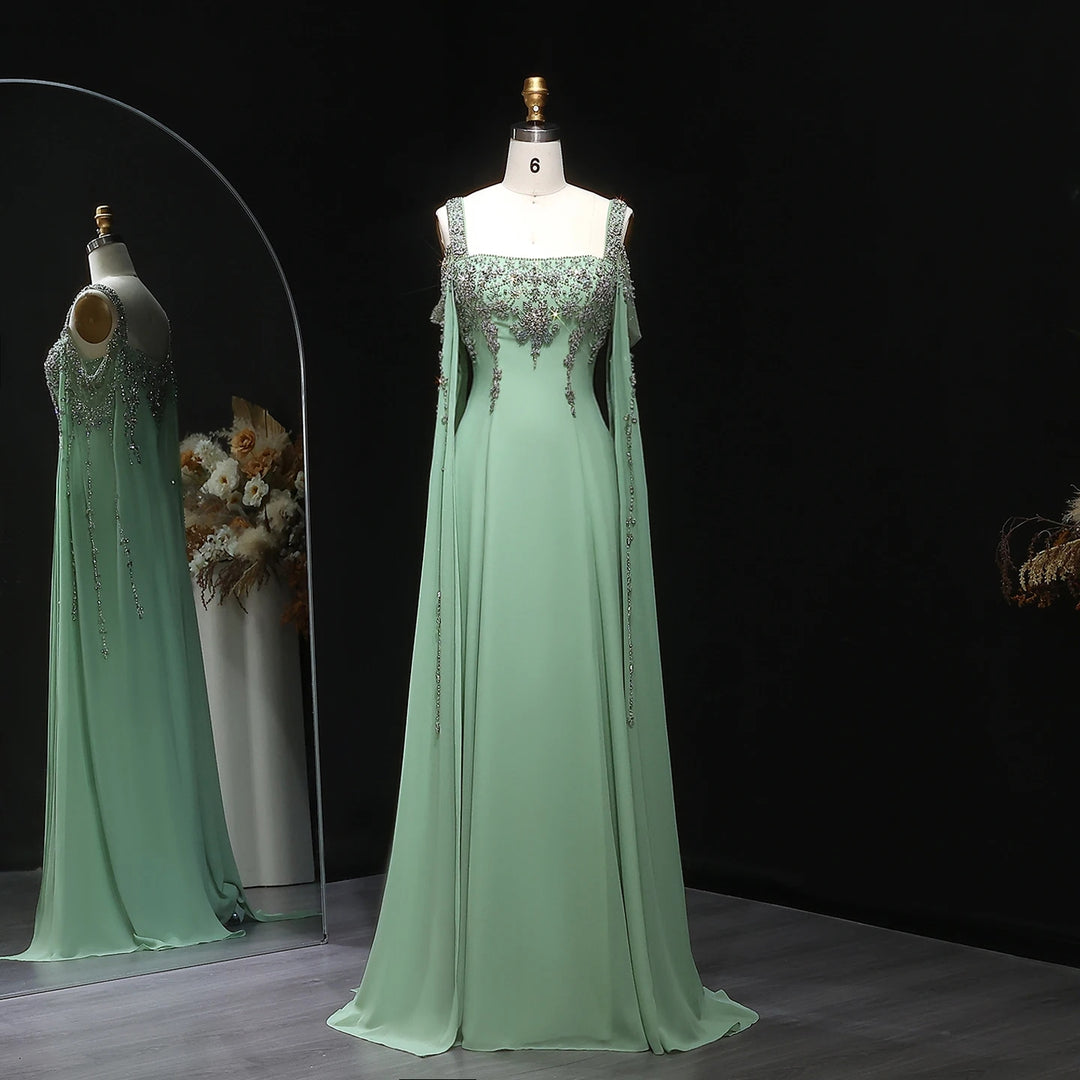 Chic Blue Luxury Crystal Arabic Gown with Flowing Cape Sleeve SS305