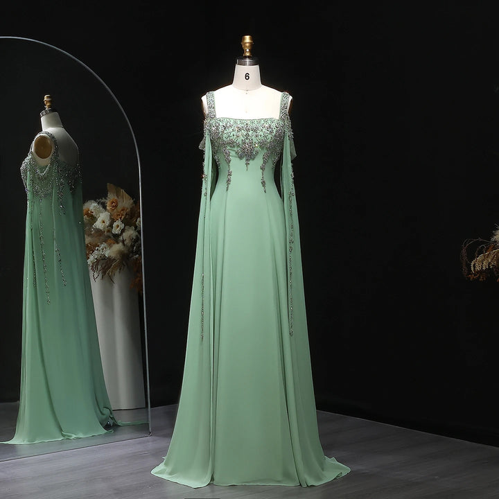 Chic Blue Luxury Crystal Arabic Gown with Flowing Cape Sleeve SS305