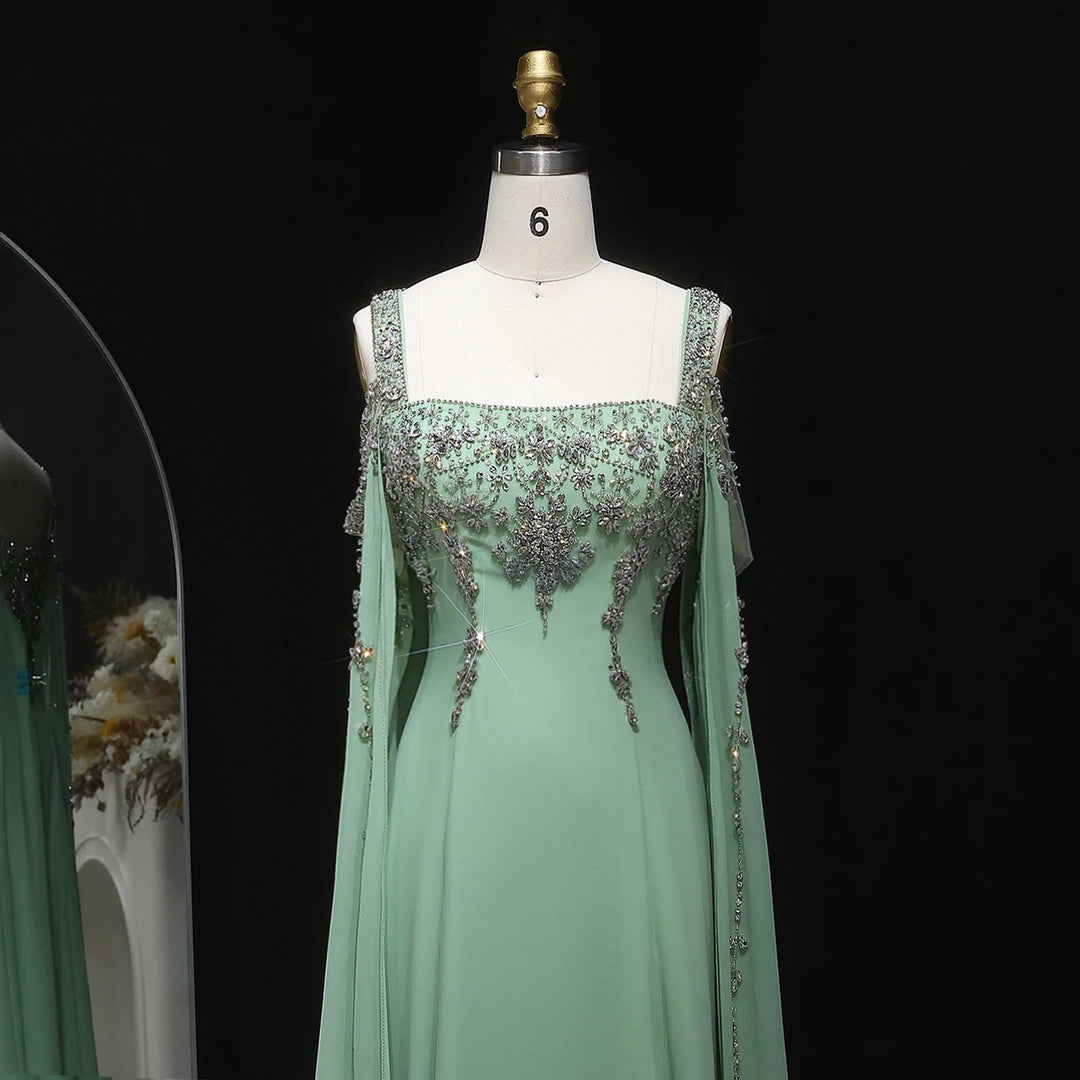 Chic Blue Luxury Crystal Arabic Gown with Flowing Cape Sleeve SS305