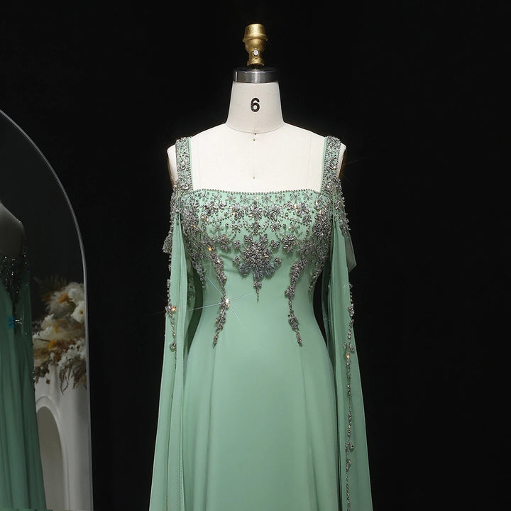 Chic Blue Luxury Crystal Arabic Gown with Flowing Cape Sleeve SS305