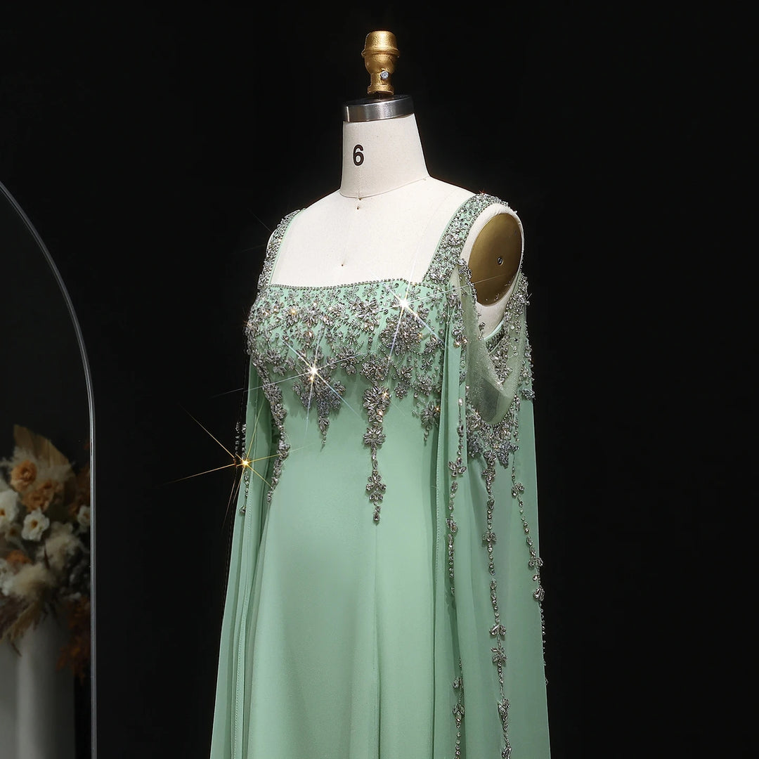Chic Blue Luxury Crystal Arabic Gown with Flowing Cape Sleeve SS305