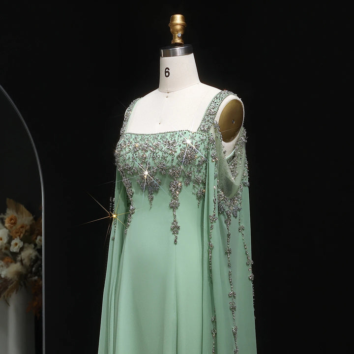 Chic Blue Luxury Crystal Arabic Gown with Flowing Cape Sleeve SS305