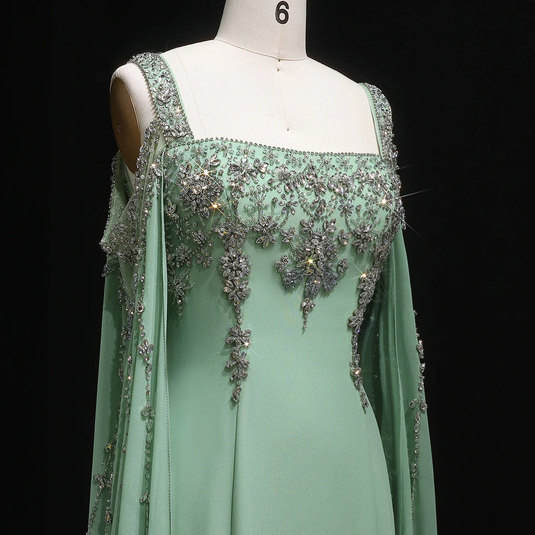 Chic Blue Luxury Crystal Arabic Gown with Flowing Cape Sleeve SS305