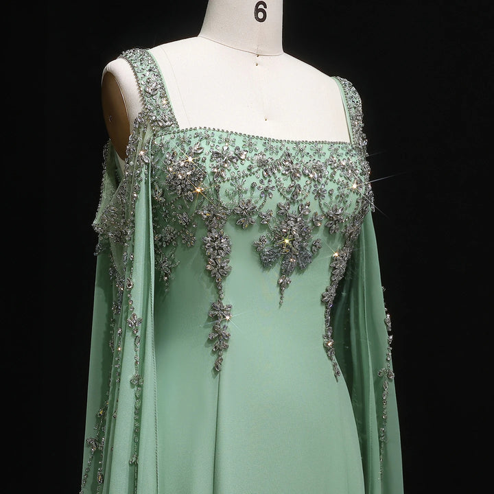Chic Blue Luxury Crystal Arabic Gown with Flowing Cape Sleeve SS305