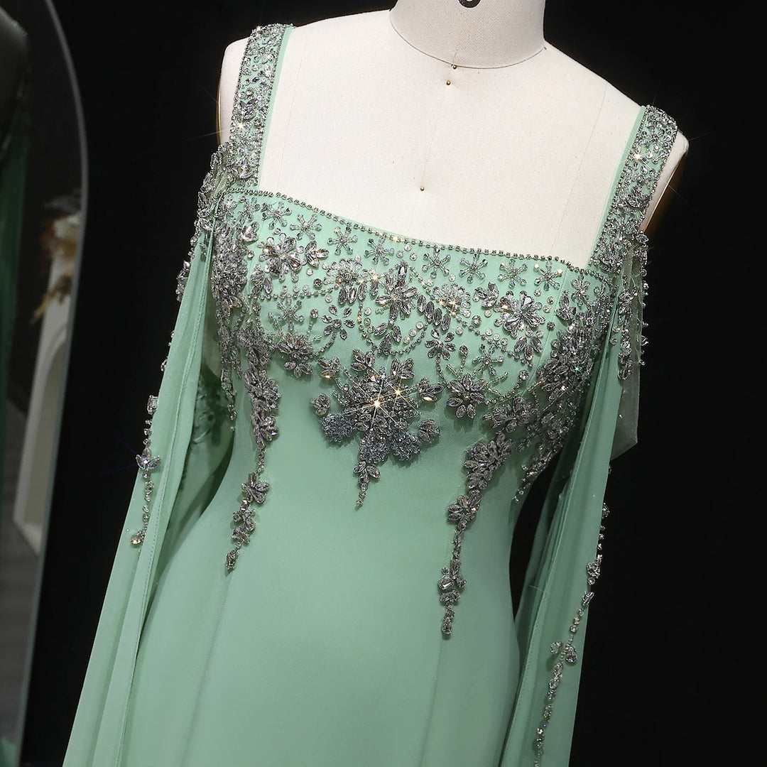Chic Blue Luxury Crystal Arabic Gown with Flowing Cape Sleeve SS305