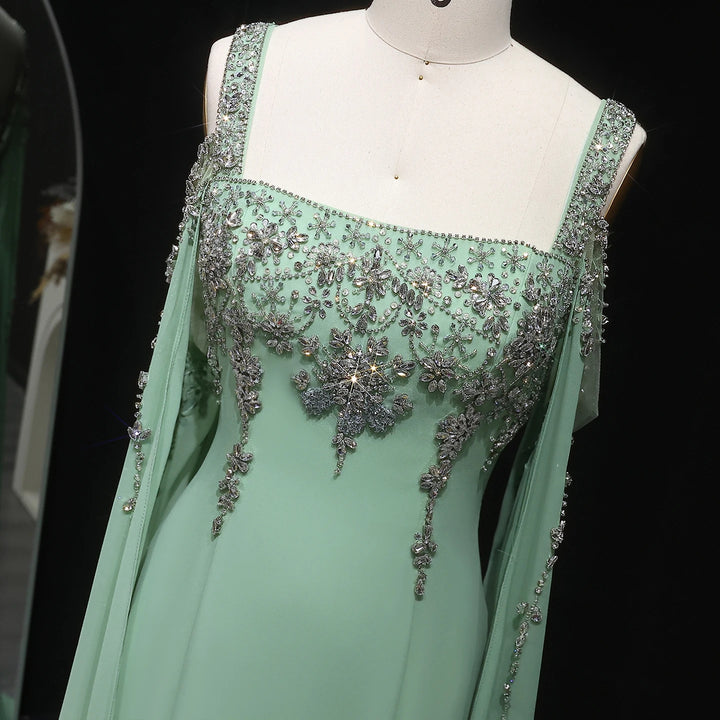 Chic Blue Luxury Crystal Arabic Gown with Flowing Cape Sleeve SS305