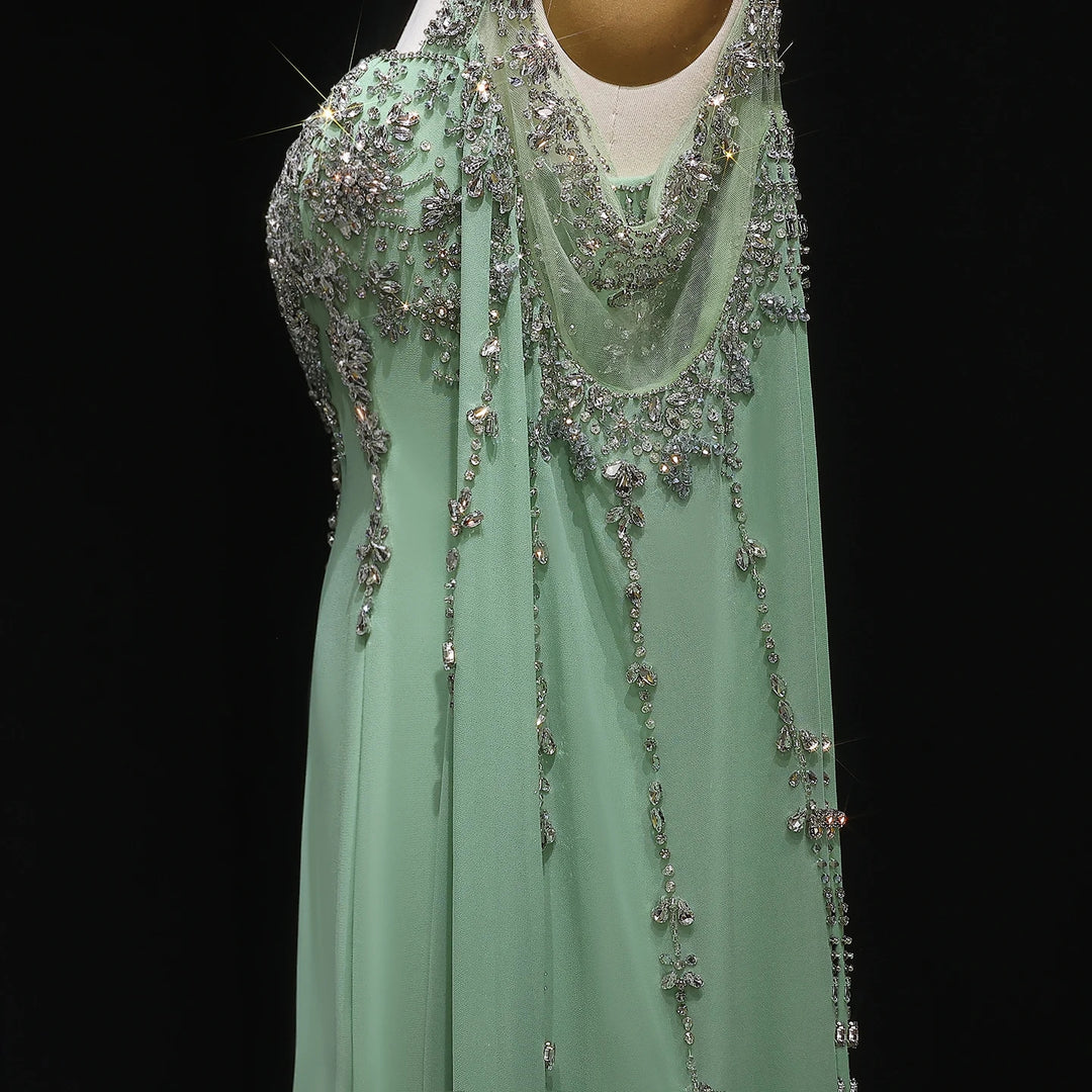 Chic Blue Luxury Crystal Arabic Gown with Flowing Cape Sleeve SS305
