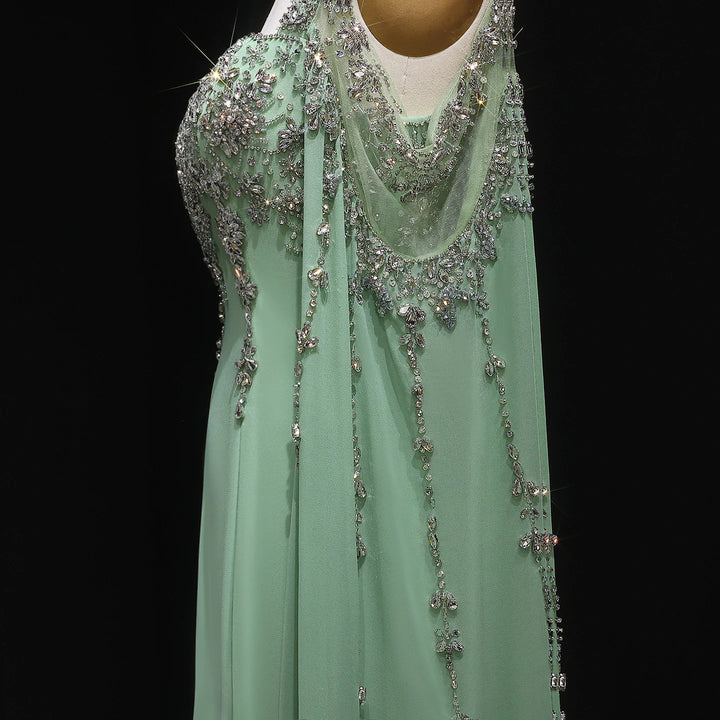 Chic Blue Luxury Crystal Arabic Gown with Flowing Cape Sleeve SS305
