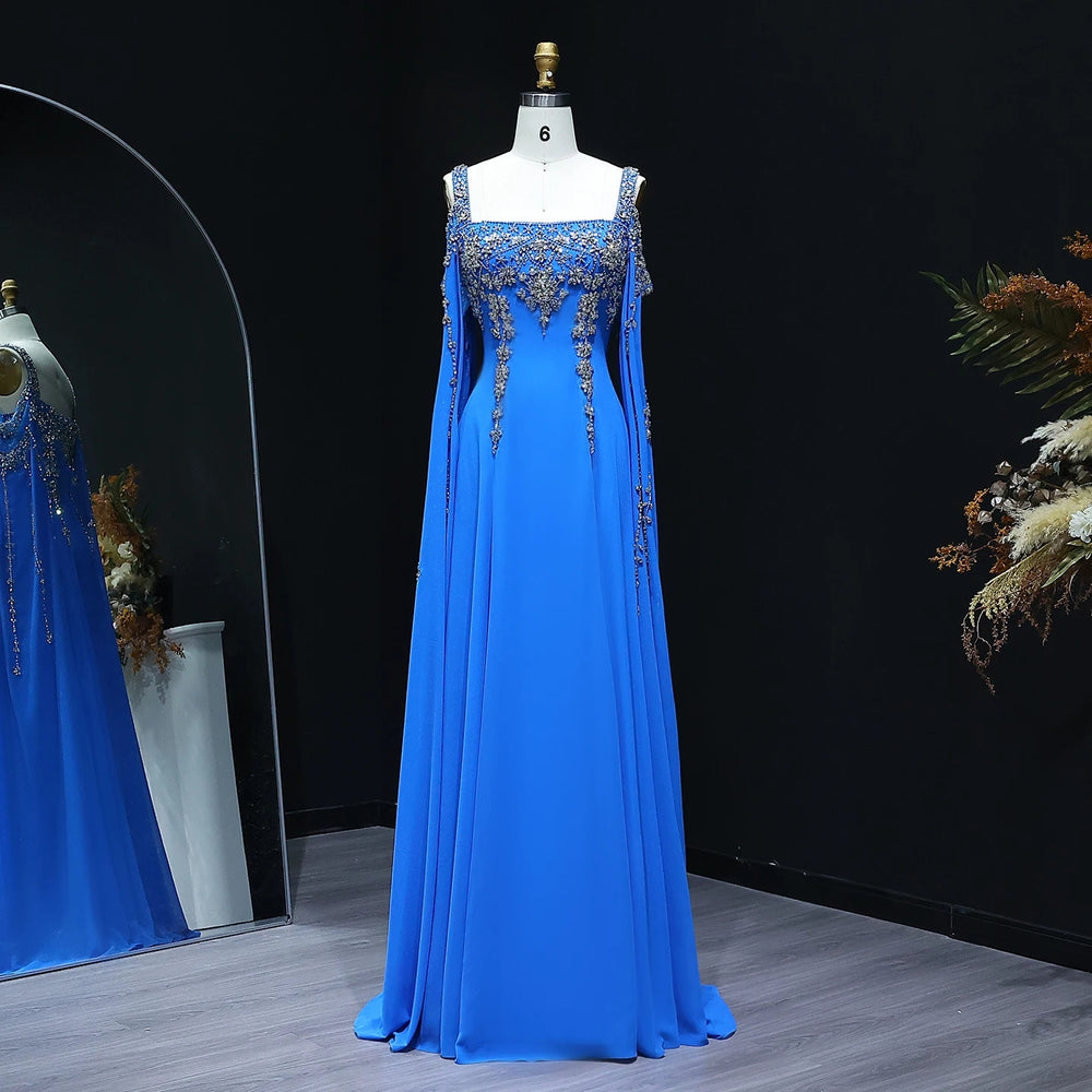 Chic Blue Luxury Crystal Arabic Gown with Flowing Cape Sleeve SS305