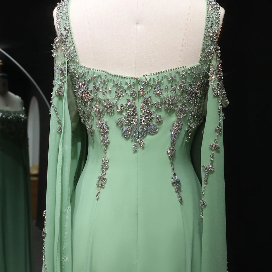 Chic Blue Luxury Crystal Arabic Gown with Flowing Cape Sleeve SS305