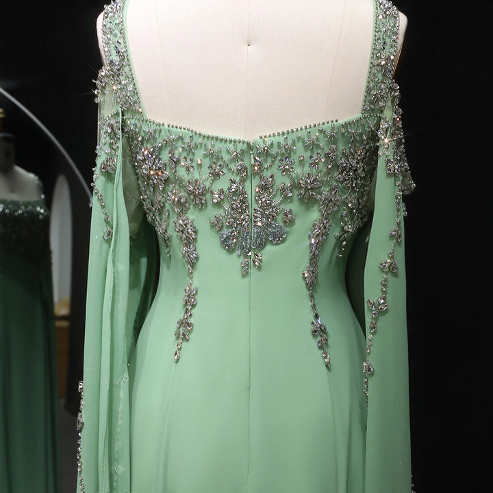 Chic Blue Luxury Crystal Arabic Gown with Flowing Cape Sleeve SS305