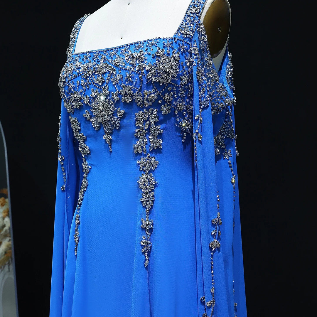 Chic Blue Luxury Crystal Arabic Gown with Flowing Cape Sleeve SS305