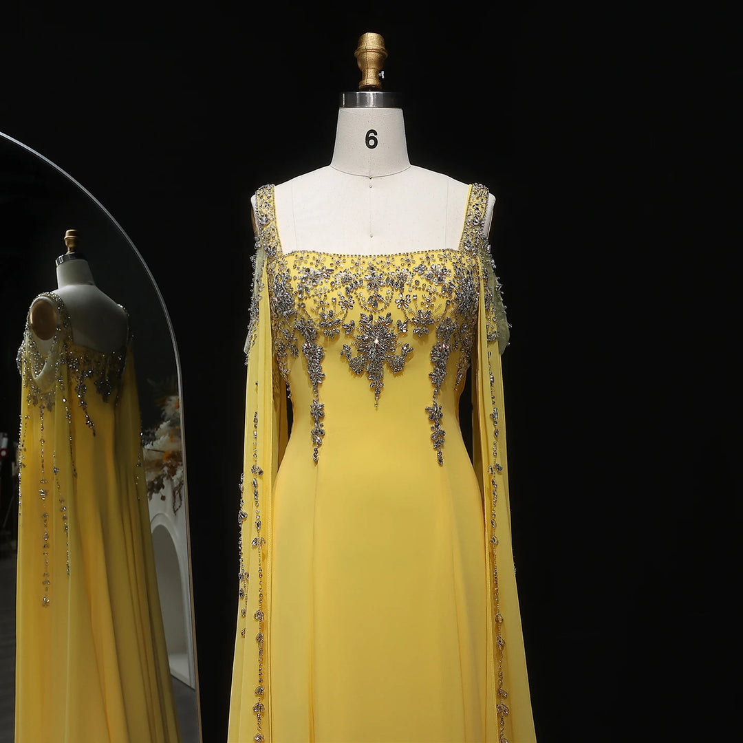 Chic Blue Luxury Crystal Arabic Gown with Flowing Cape Sleeve SS305