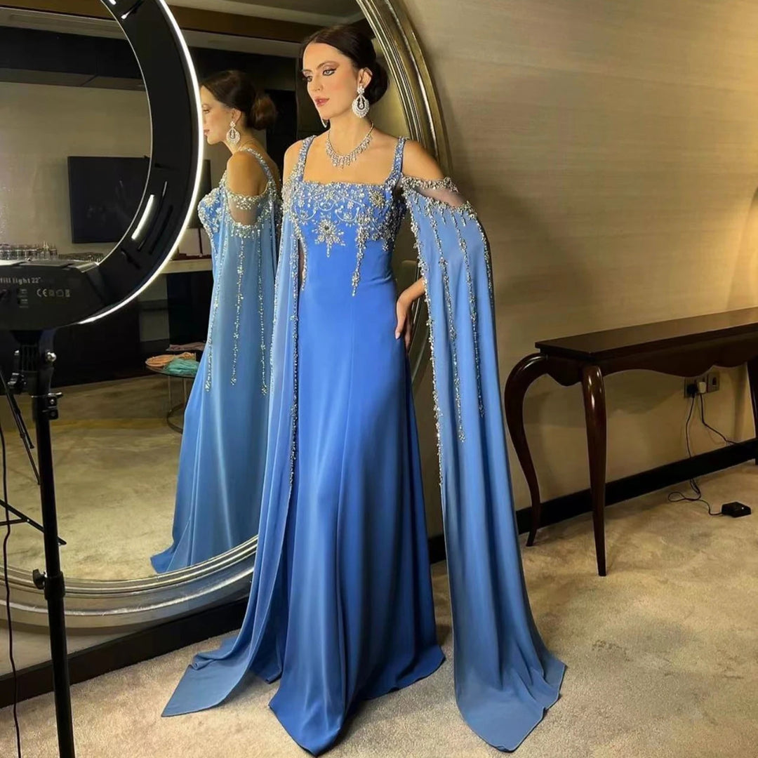 Chic Blue Luxury Crystal Arabic Gown with Flowing Cape Sleeve SS305