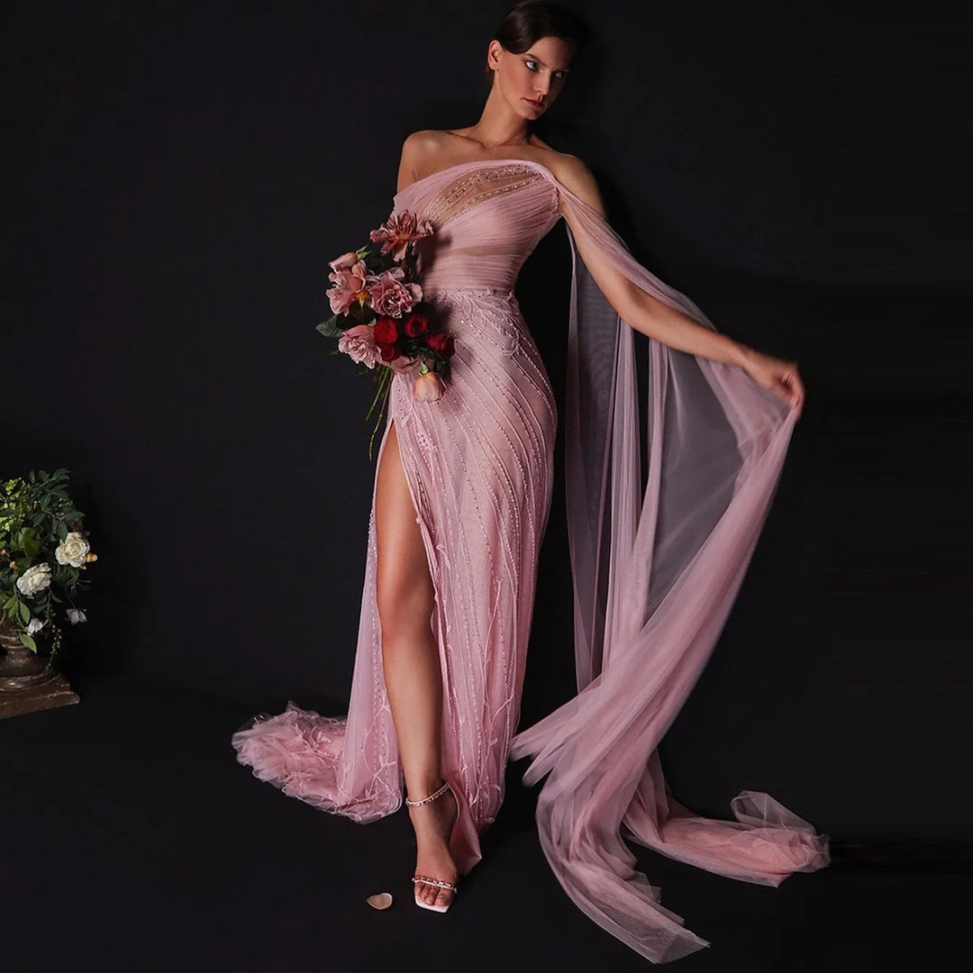 Chic Off Shoulder Pink Evening Dress With Cape Sleeves High Slit SS466