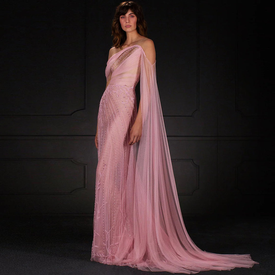 Chic Off Shoulder Pink Evening Dress With Cape Sleeves High Slit SS466