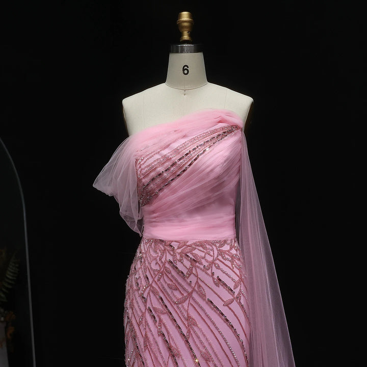 Chic Off Shoulder Pink Evening Dress With Cape Sleeves High Slit SS466