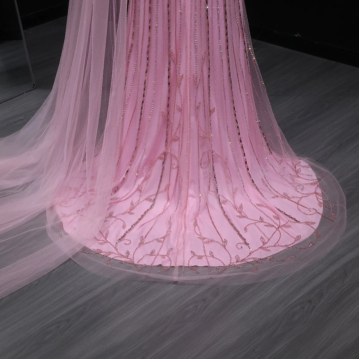 Chic Off Shoulder Pink Evening Dress With Cape Sleeves High Slit SS466