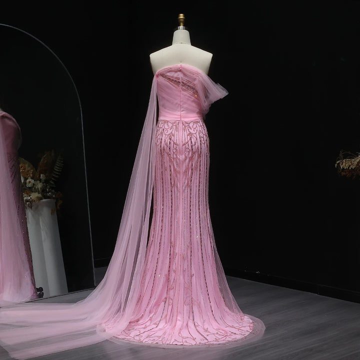 Chic Off Shoulder Pink Evening Dress With Cape Sleeves High Slit SS466