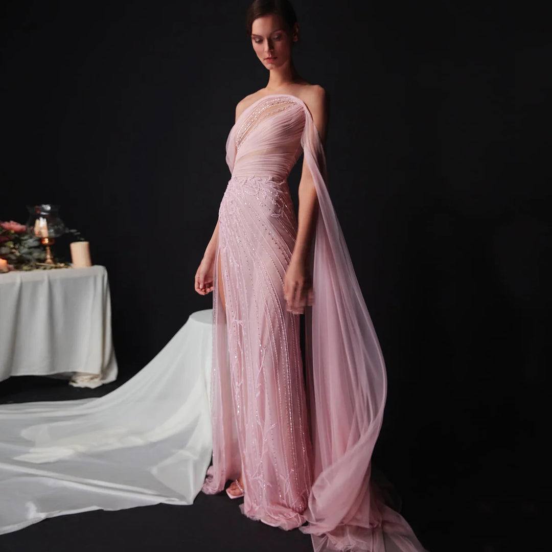 Chic Off Shoulder Pink Evening Dress With Cape Sleeves High Slit SS466