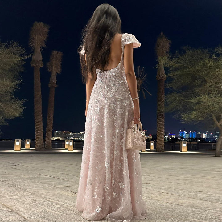 Chic Pink Floral Square Neck Evening Dress SS602