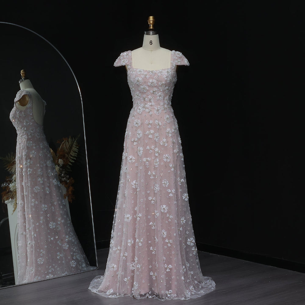 Chic Pink Floral Square Neck Evening Dress SS602