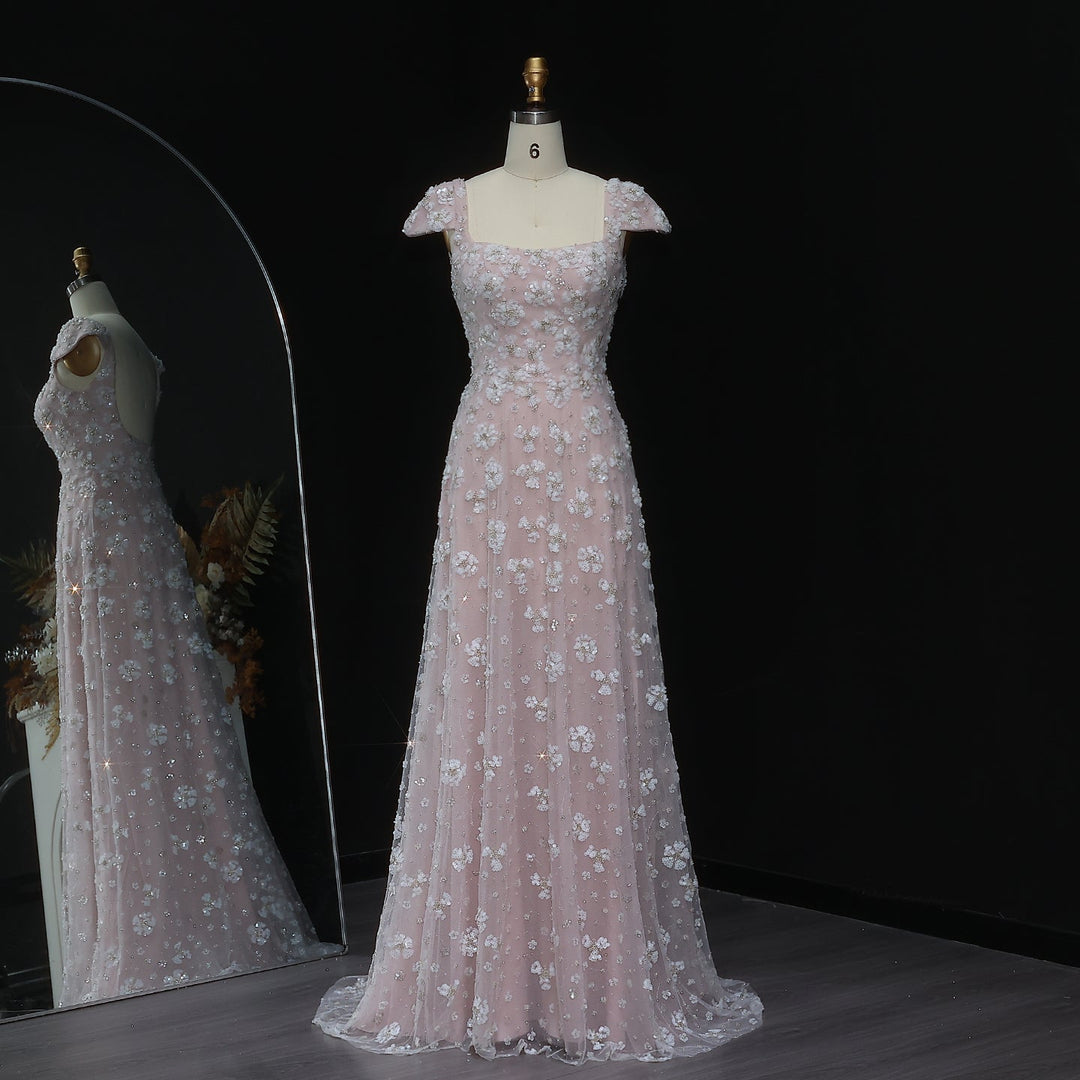 Chic Pink Floral Square Neck Evening Dress SS602