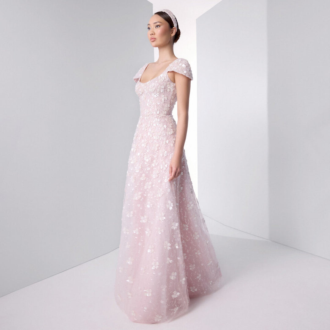 Chic Pink Floral Square Neck Evening Dress SS602 – DreamyVow