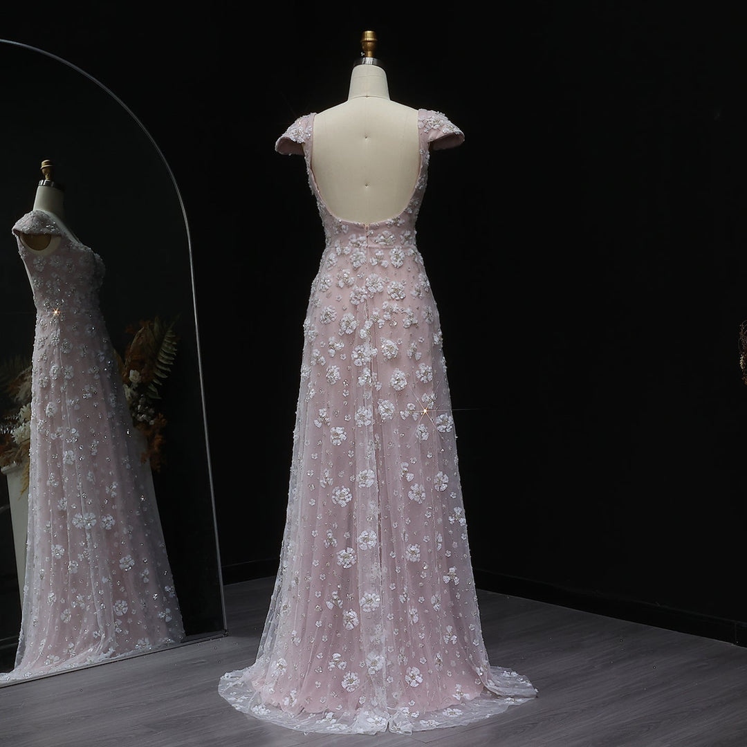 Chic Pink Floral Square Neck Evening Dress SS602 DreamyVow Chic Pink Floral Square Neck Evening Dress SS602 DreamyVow