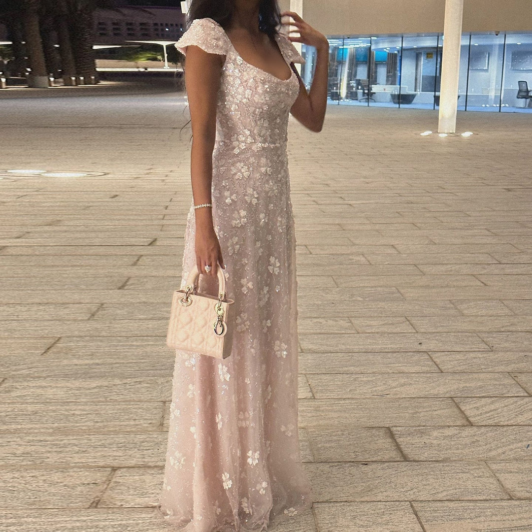 Chic Pink Floral Square Neck Evening Dress SS602