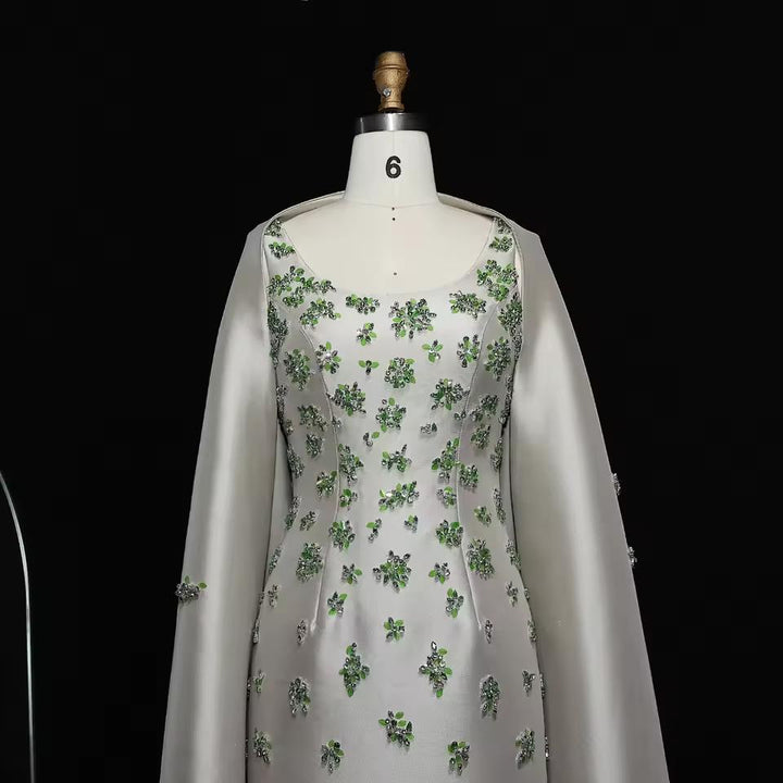 Chic Sage Green 3D Floral Beaded Evening Dress with Cape SS536