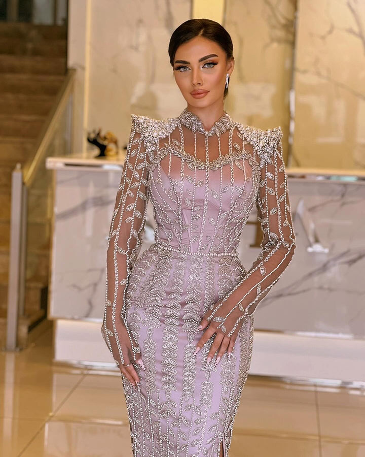 Cream Long Sleeves Arabic Evening Dresses SS696