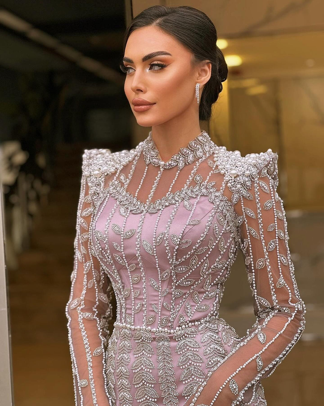 Cream Long Sleeves Arabic Evening Dresses SS696